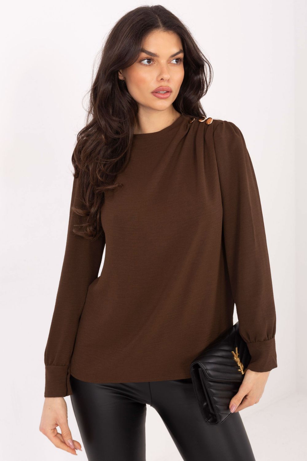 Italy Moda Brown Pleated Puff Sleeve Blouse - view 4
