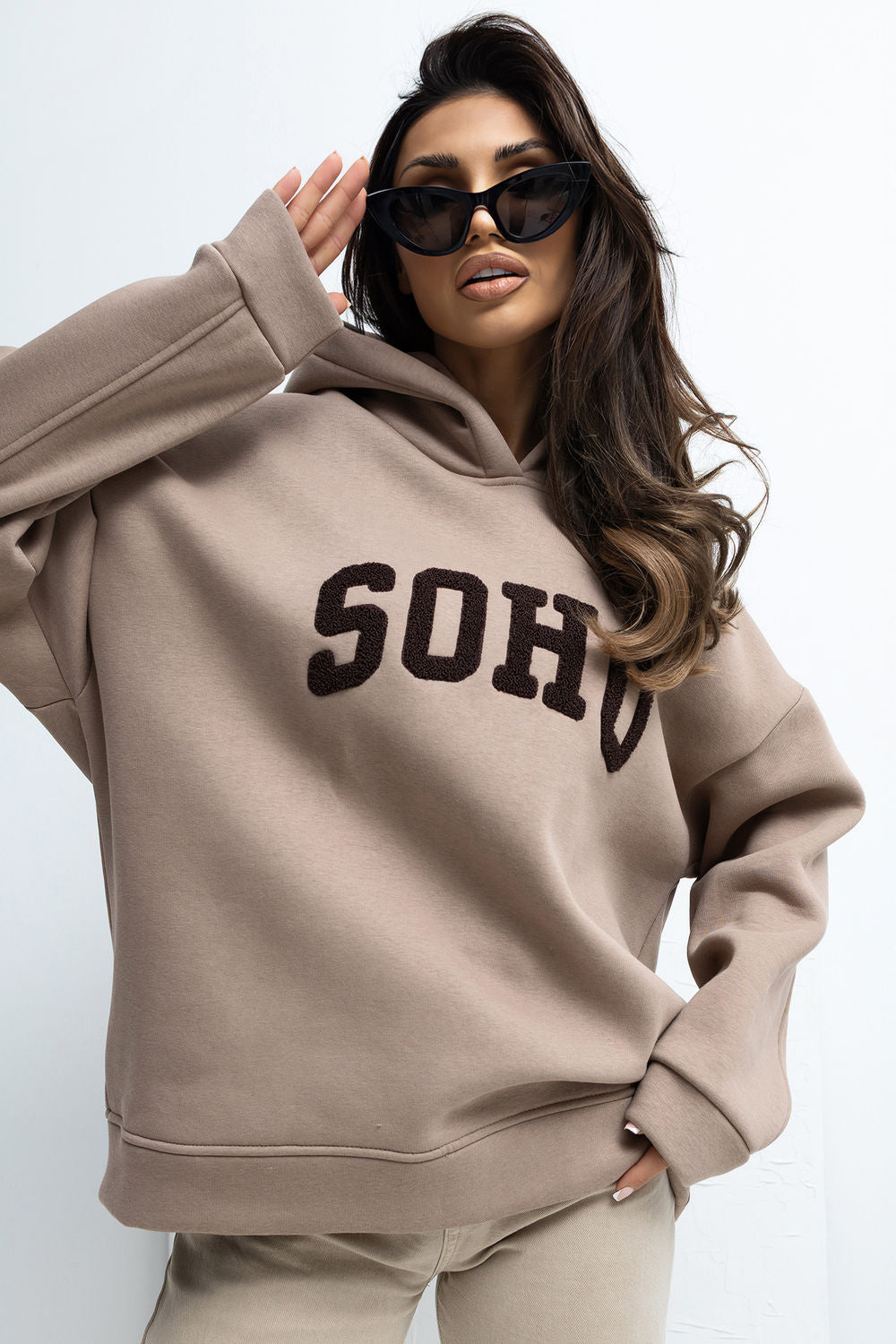 Rue Paris Dark Beige Hooded Long Sleeve Cotton Sweatshirt
