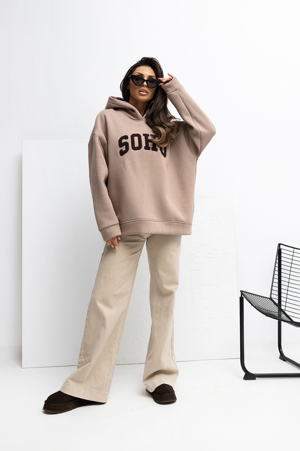 Rue Paris Dark Beige Hooded Long Sleeve Cotton Sweatshirt - view 2