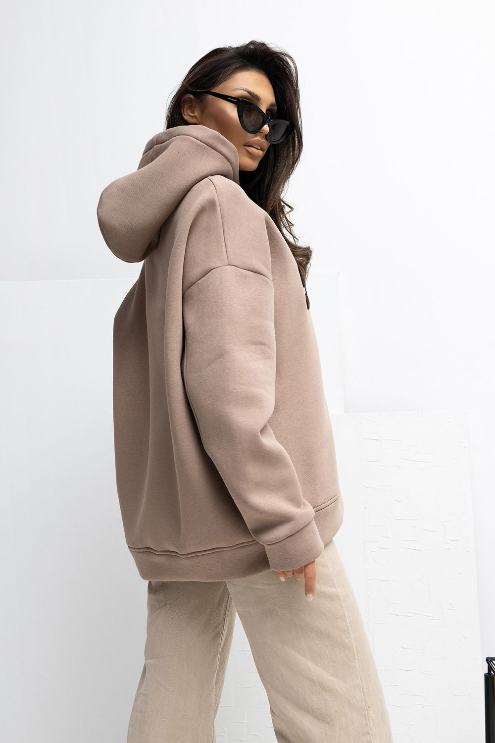 Rue Paris Dark Beige Hooded Long Sleeve Cotton Sweatshirt - view 3
