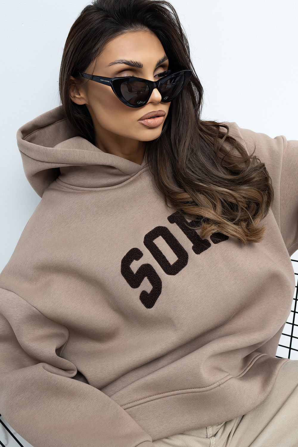 Rue Paris Dark Beige Hooded Long Sleeve Cotton Sweatshirt - view 4