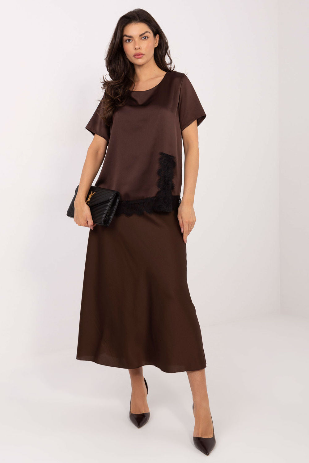 Italy Moda Brown Lace Short Sleeve Blouse - view 2