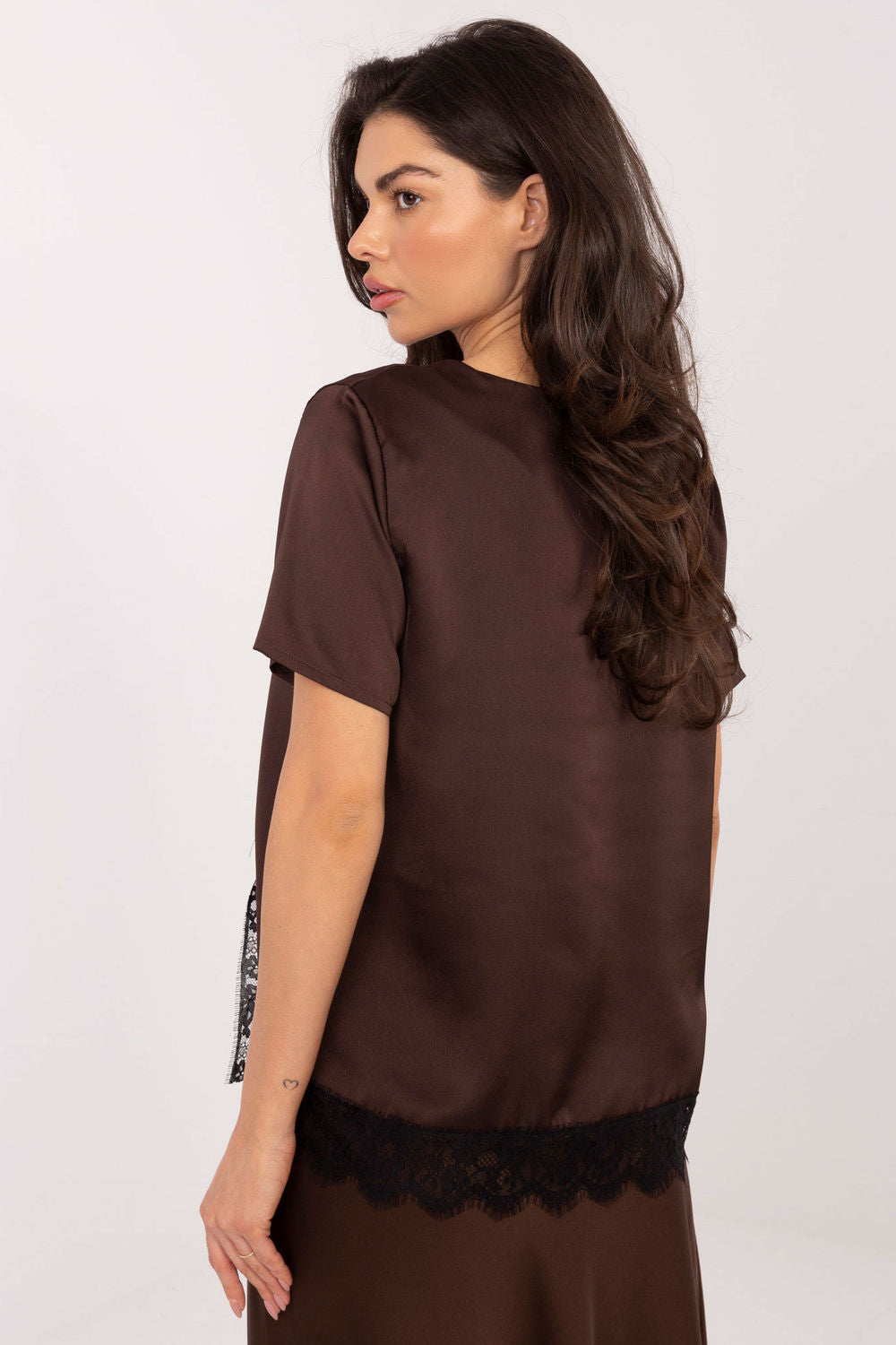 Italy Moda Brown Lace Short Sleeve Blouse - view 3