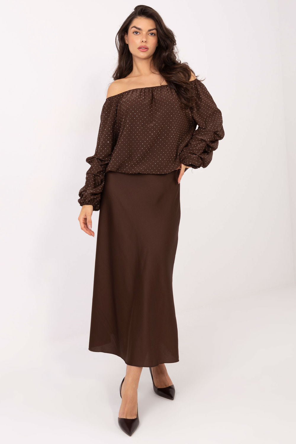 Italy Moda Brown Off Shoulder Long Sleeve Blouse - view 2