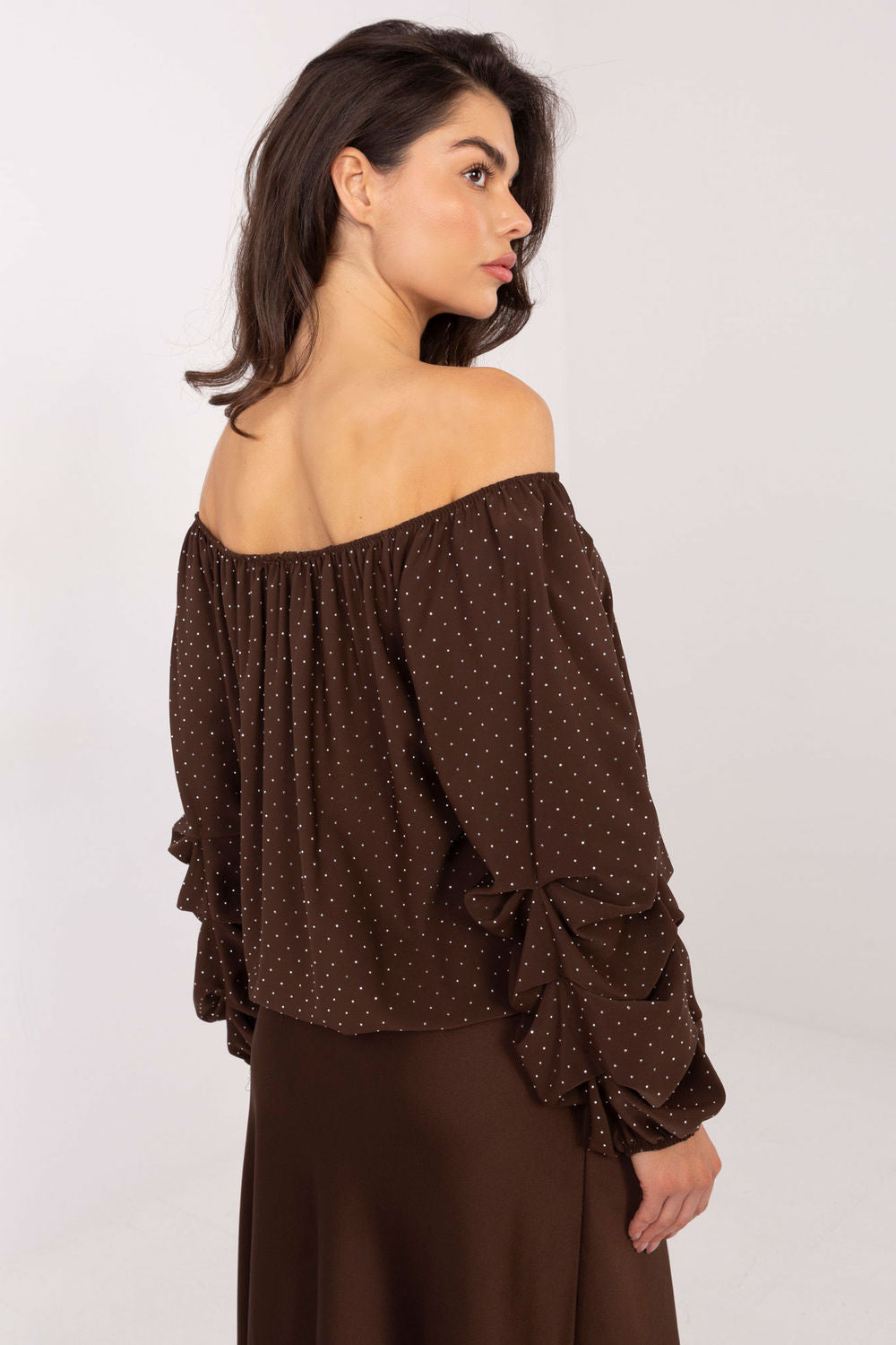 Italy Moda Brown Off Shoulder Long Sleeve Blouse - view 3