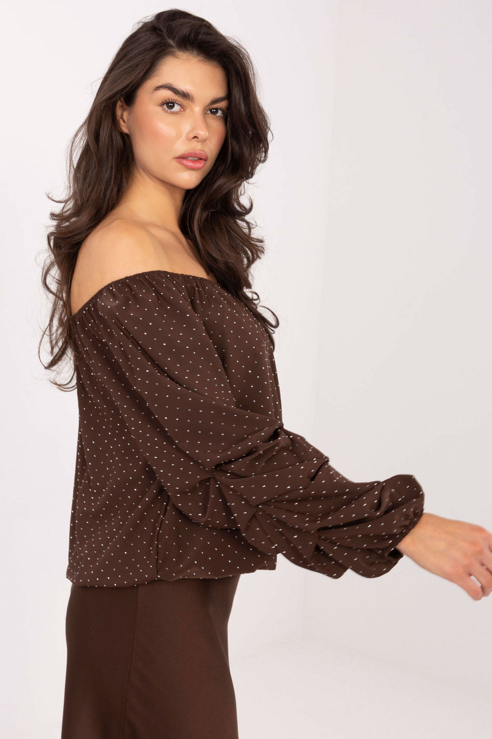 Italy Moda Brown Off Shoulder Long Sleeve Blouse - view 4