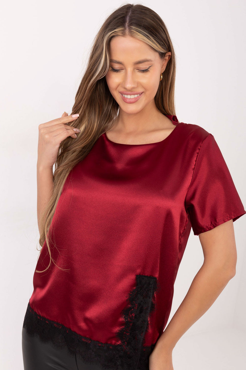 Italy Moda Burgundy Lace Short Sleeve Blouse