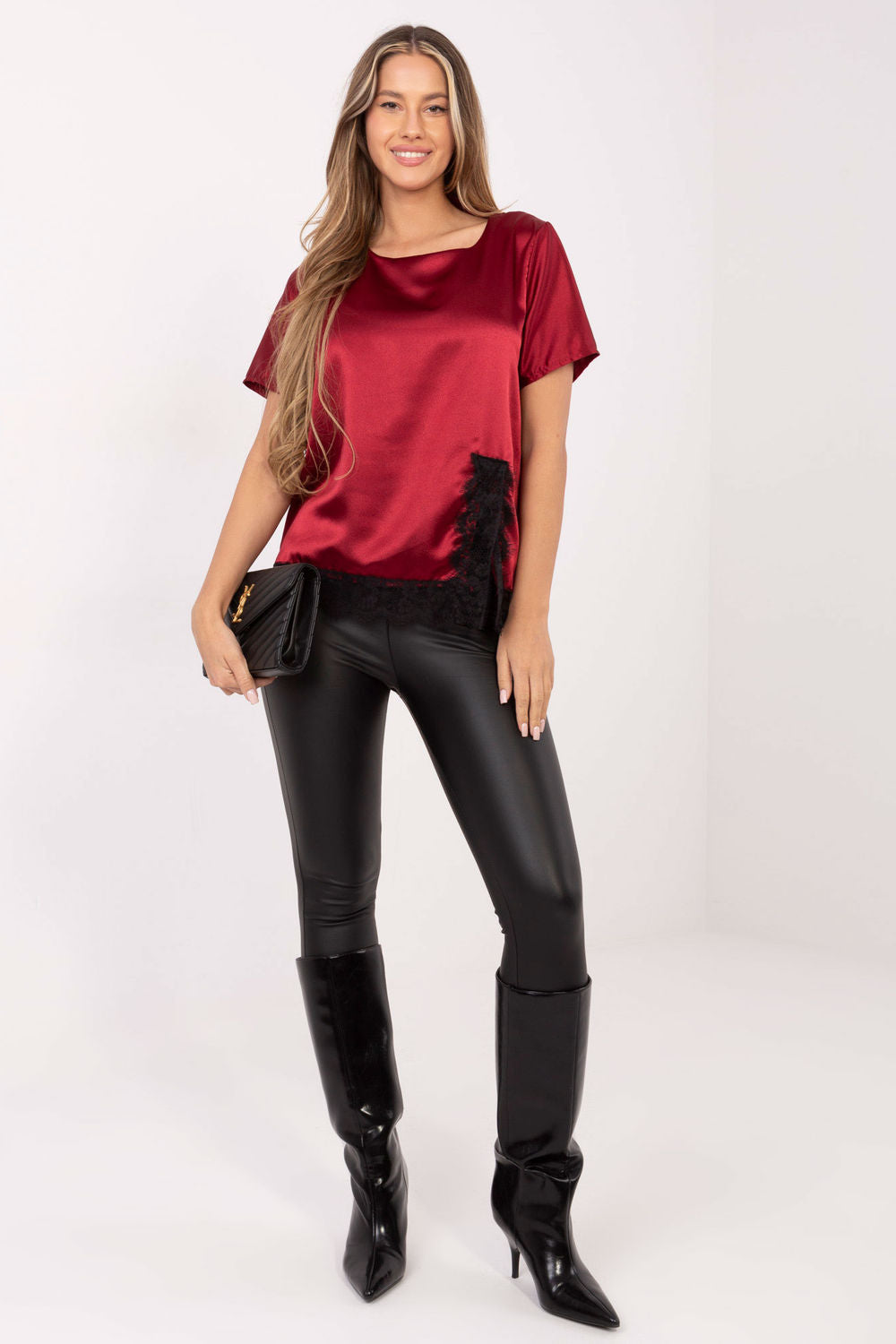 Italy Moda Burgundy Lace Short Sleeve Blouse - view 2