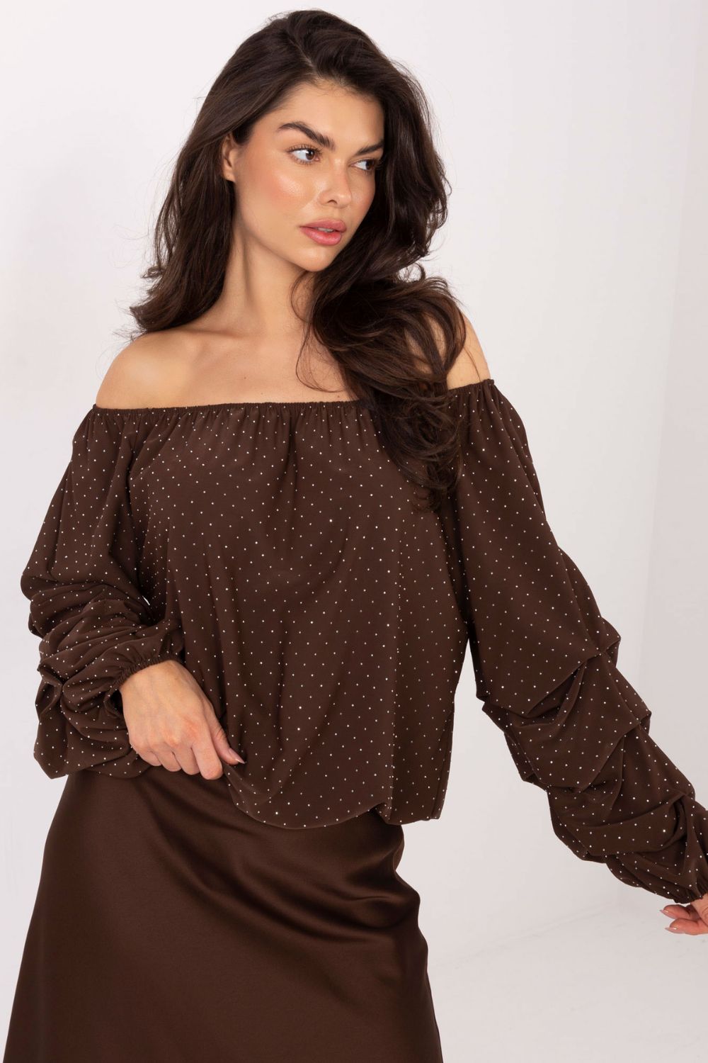 Italy Moda Brown Off Shoulder Long Sleeve Blouse - view 5