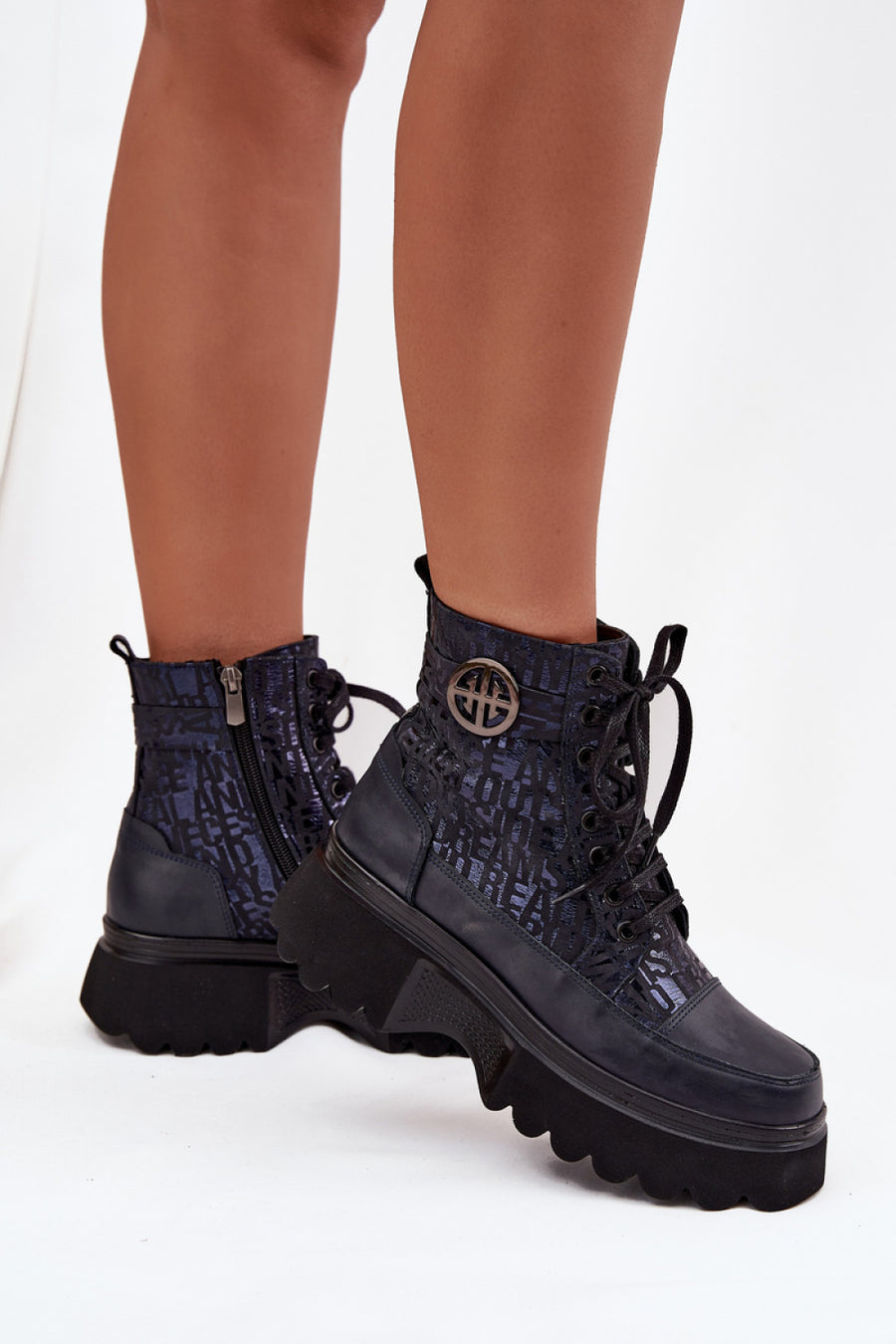 Step In Style Artiker Navy Leather Lace Up Platform Boots