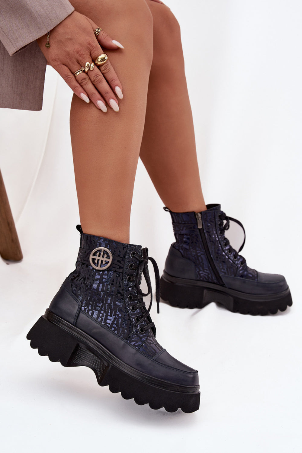 Step In Style Artiker Navy Leather Lace Up Platform Boots - view 3