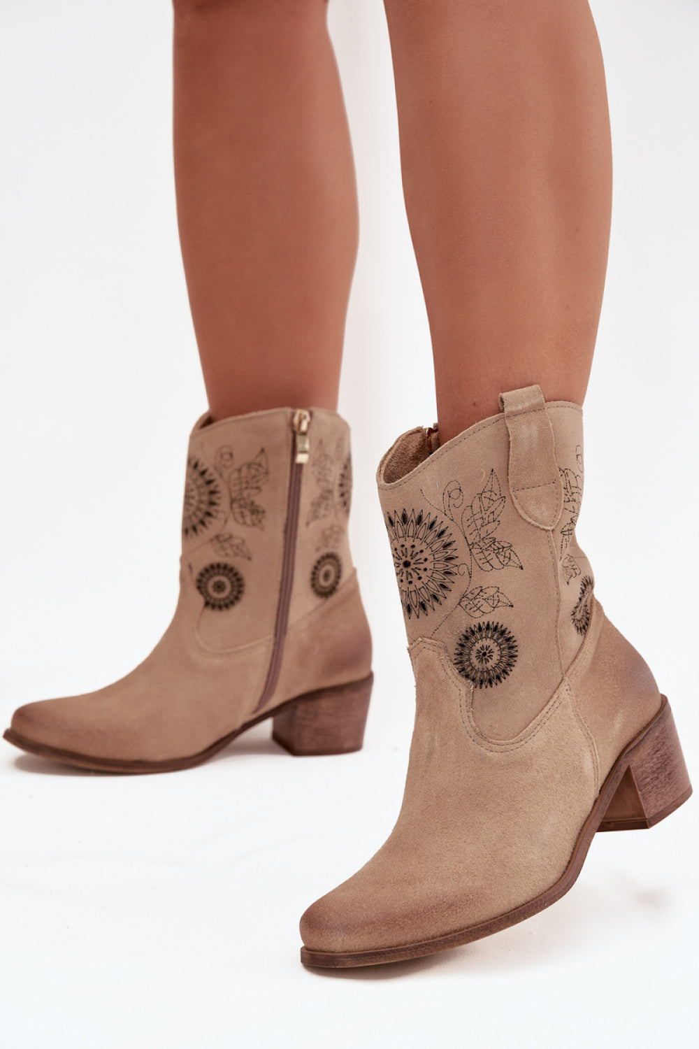 Step In Style Zazoo Beige Lace Block Heel Heeled Ankle Boots