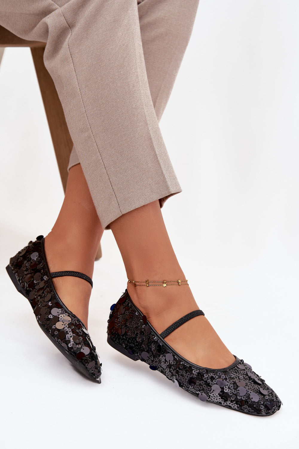 Step In Style Terlina Black Sequin Flat Ballet Flats