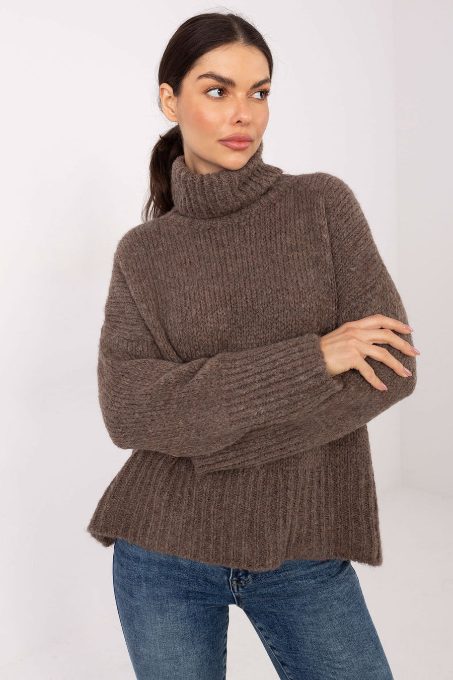 Factory Price Dark Beige Knitted Long Sleeve Roll Neck Jumper