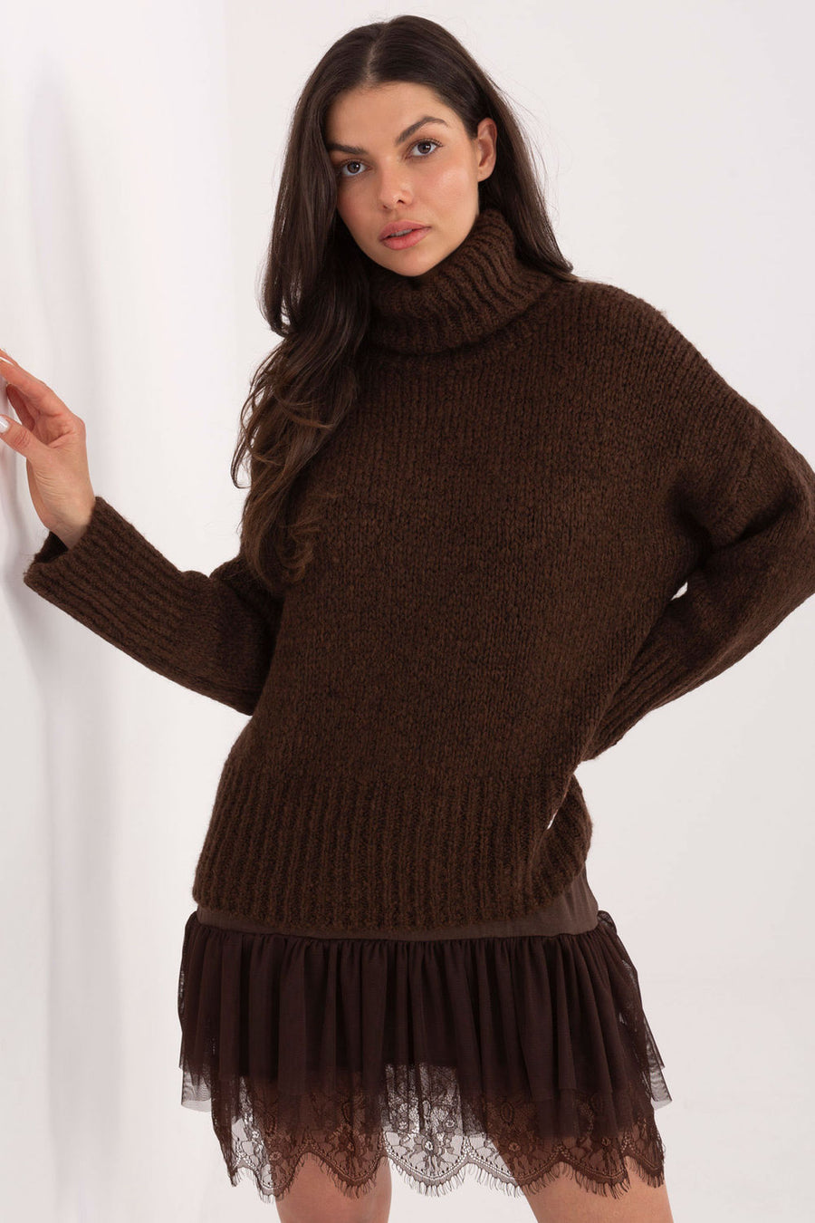 Factory Price Dark Brown Knitted Long Sleeve Roll Neck Jumper