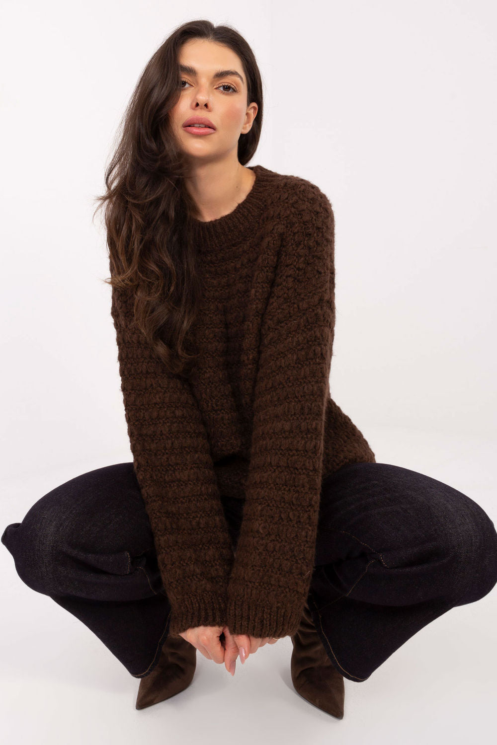 Italy Moda Brown Round Neck Long Sleeve Jumper