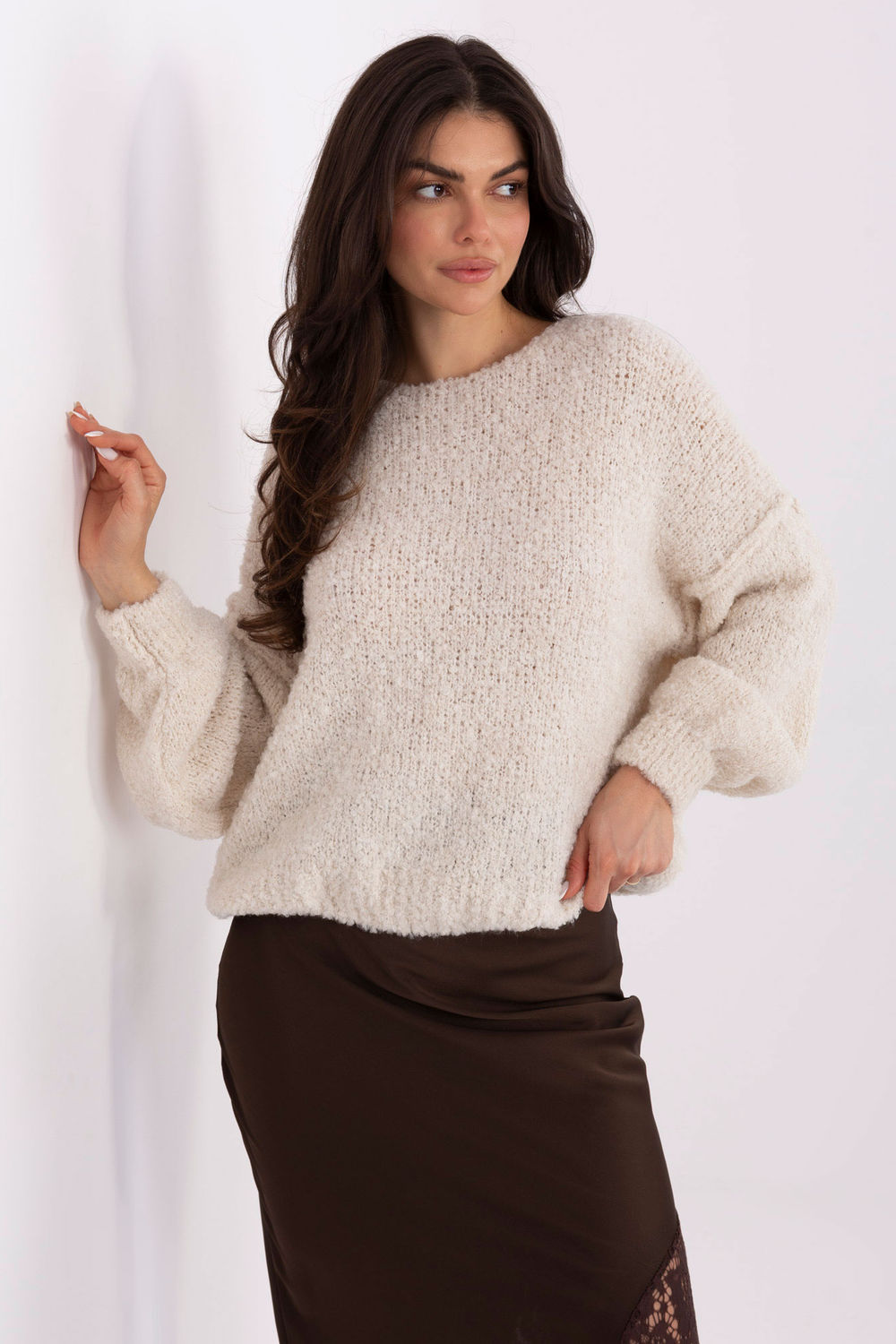 Italy Moda Light Beige Round Neck Long Sleeve Jumper