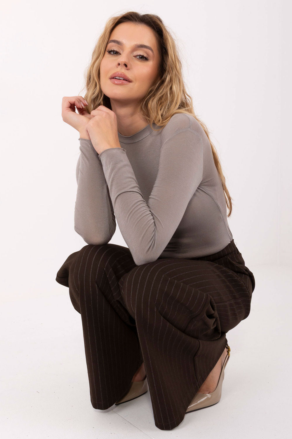 Italy Moda Dark Beige Round Neck Bodycon Long Sleeve Blouse - view 2