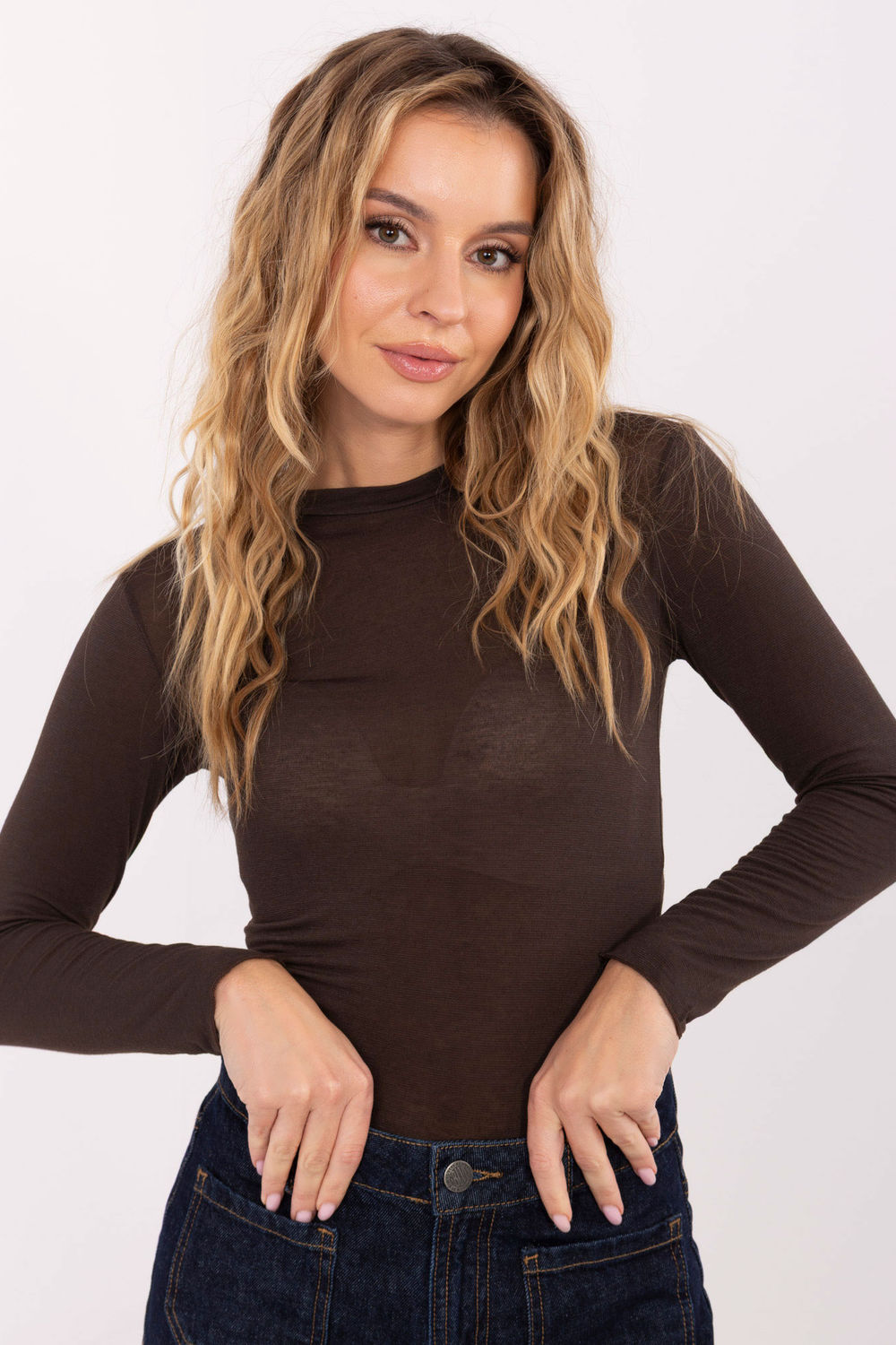 Italy Moda Brown Round Neck Bodycon Long Sleeve Blouse