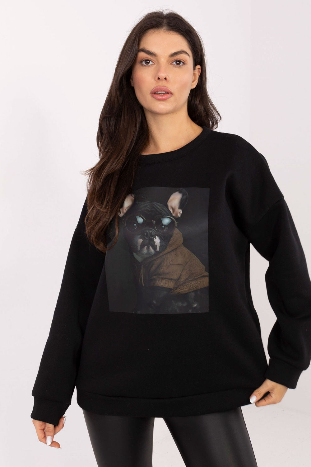Italy Moda Black Round Neck Printed Long Sleeve Cotton Sweatshirt