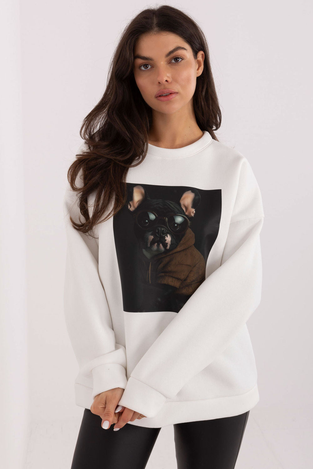 Italy Moda Ecru Round Neck Long Sleeve Cotton Sweatshirt
