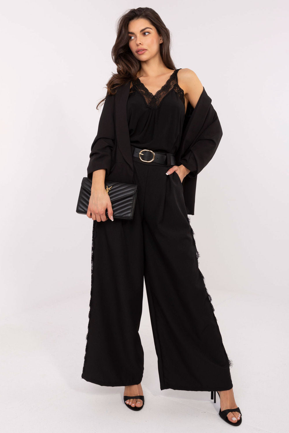 Italy Moda Black Lace Wide Leg Trousers