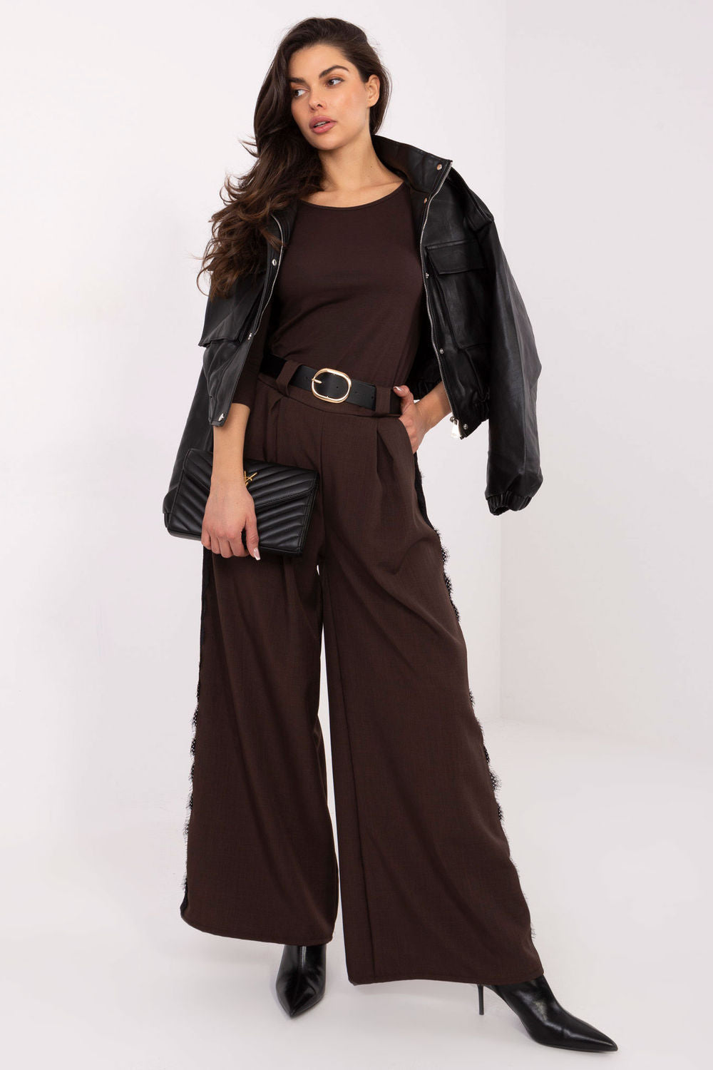 Italy Moda Dark Brown Lace Wide Leg Trousers