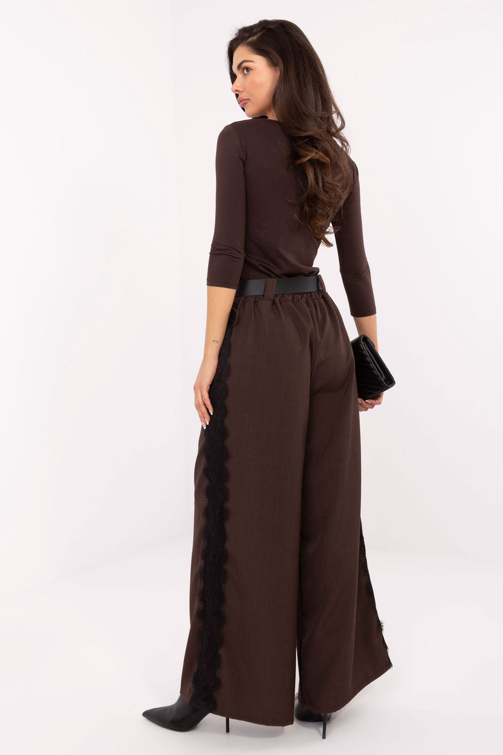 Italy Moda Dark Brown Lace Wide Leg Trousers - view 3