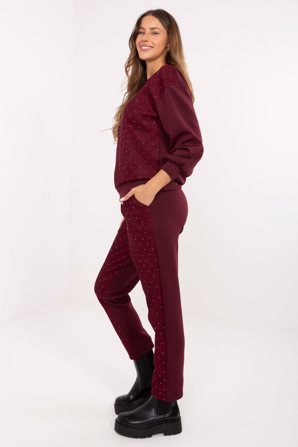 Italy Moda Burgundy Lace High Waisted Co-Ord Set - view 2