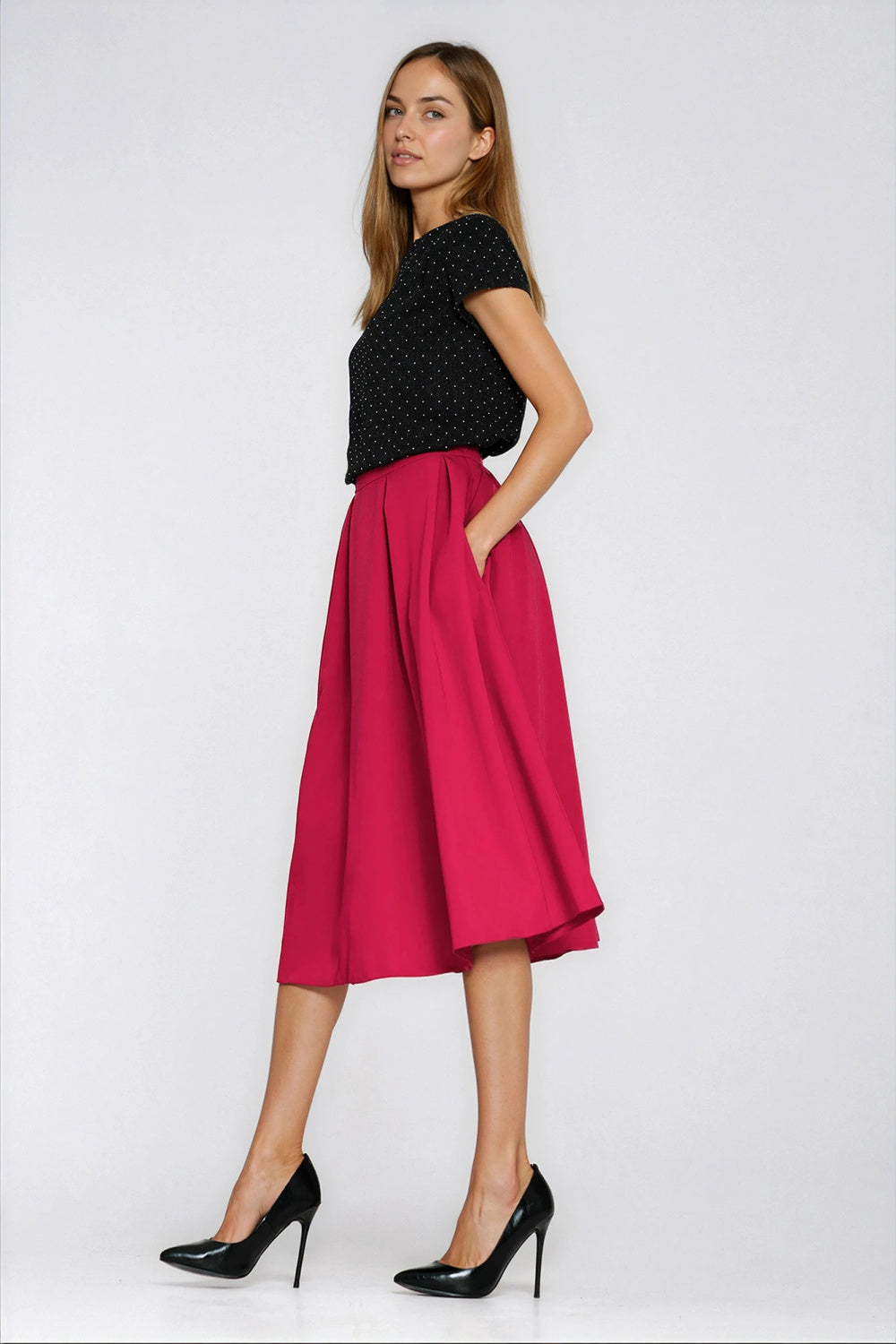 Nife Red Pleated Midi Skirt - view 2