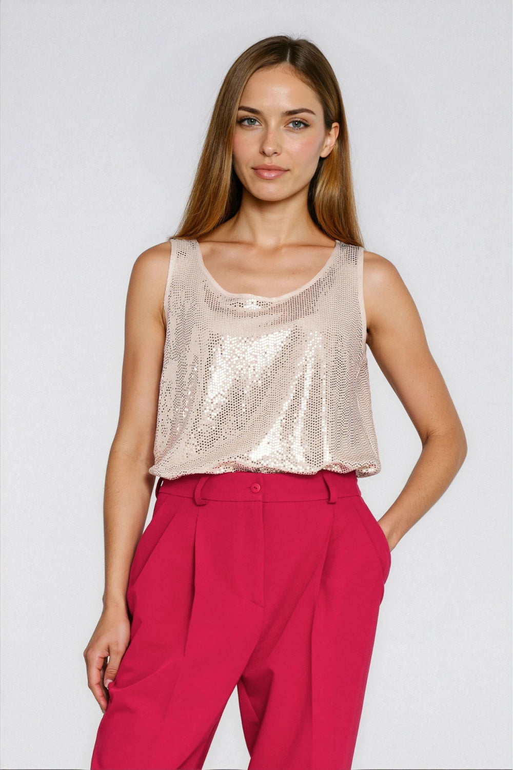 Nife Champagne Sequin Sleeveless Blouse