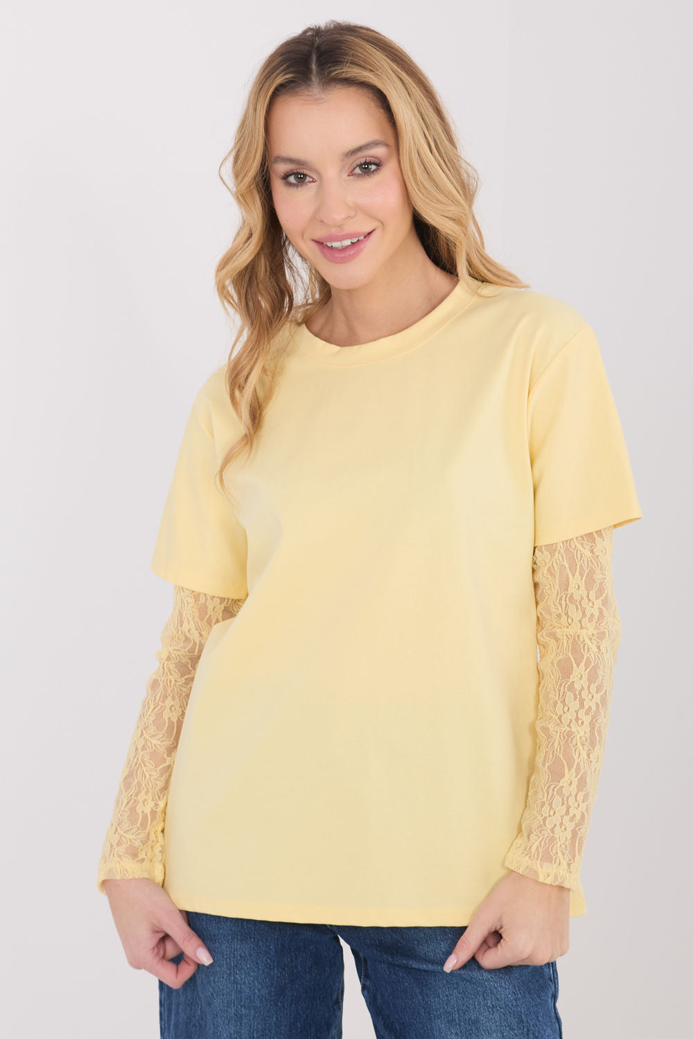 Italy Moda Light Yellow Lace Cotton Blouse