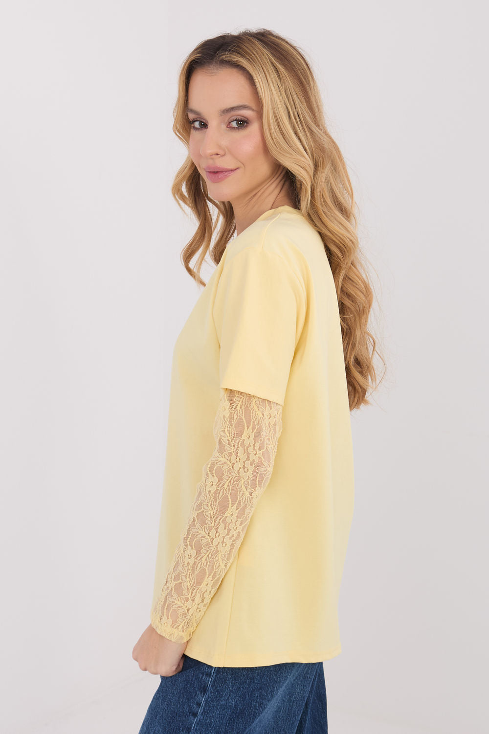 Italy Moda Light Yellow Lace Cotton Blouse - view 3