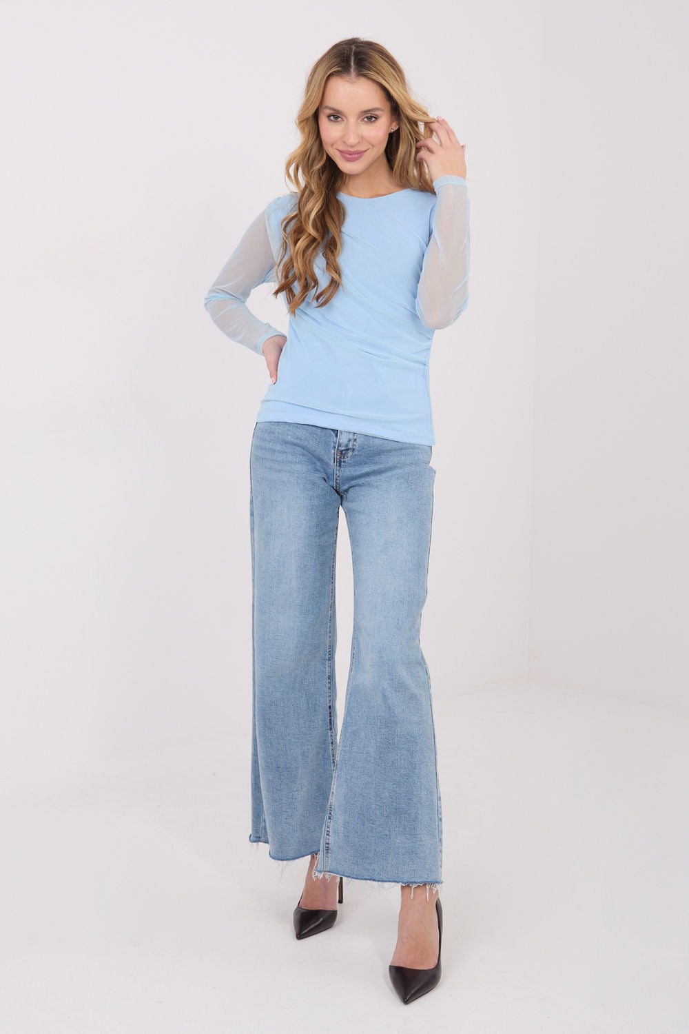 Italy Moda Light Blue Mesh Bodycon Blouse - view 2