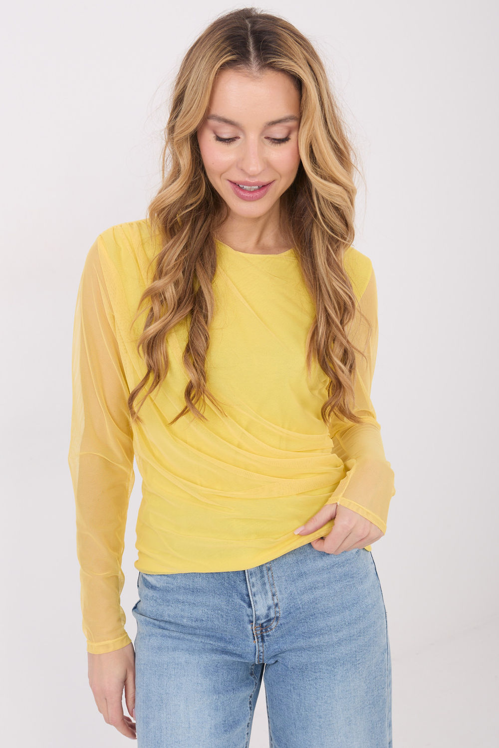 Italy Moda Yellow Mesh Bodycon Blouse