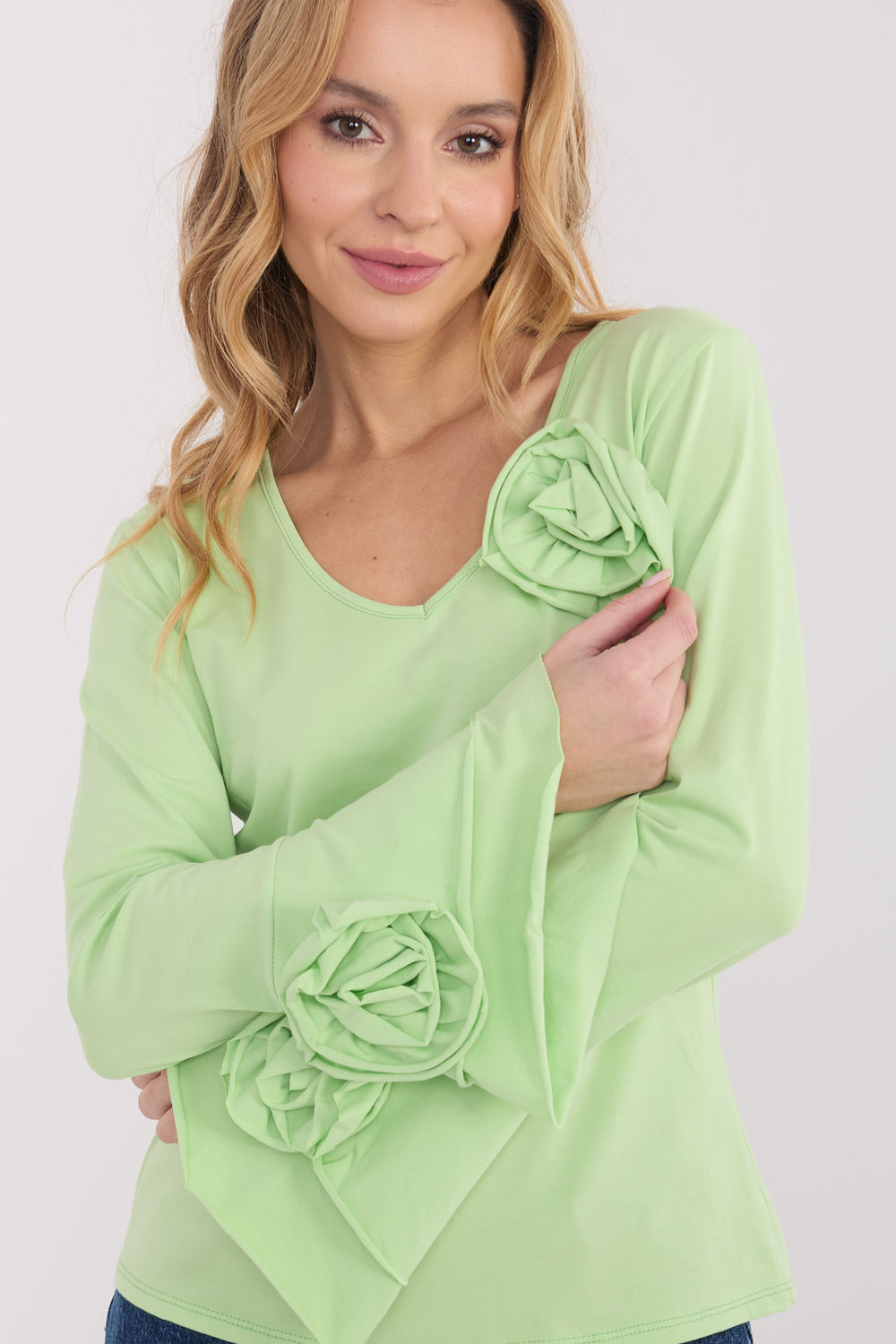 Italy Moda Light Green Bodycon V-Neck Blouse