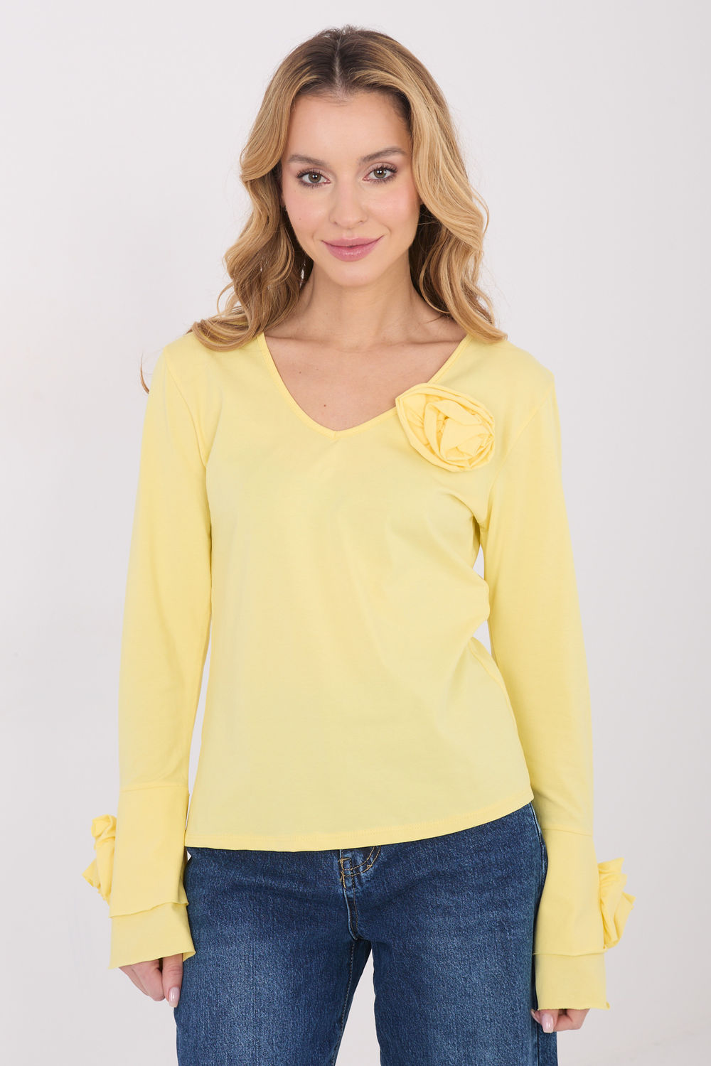 Italy Moda Light Yellow Bodycon V-Neck Blouse