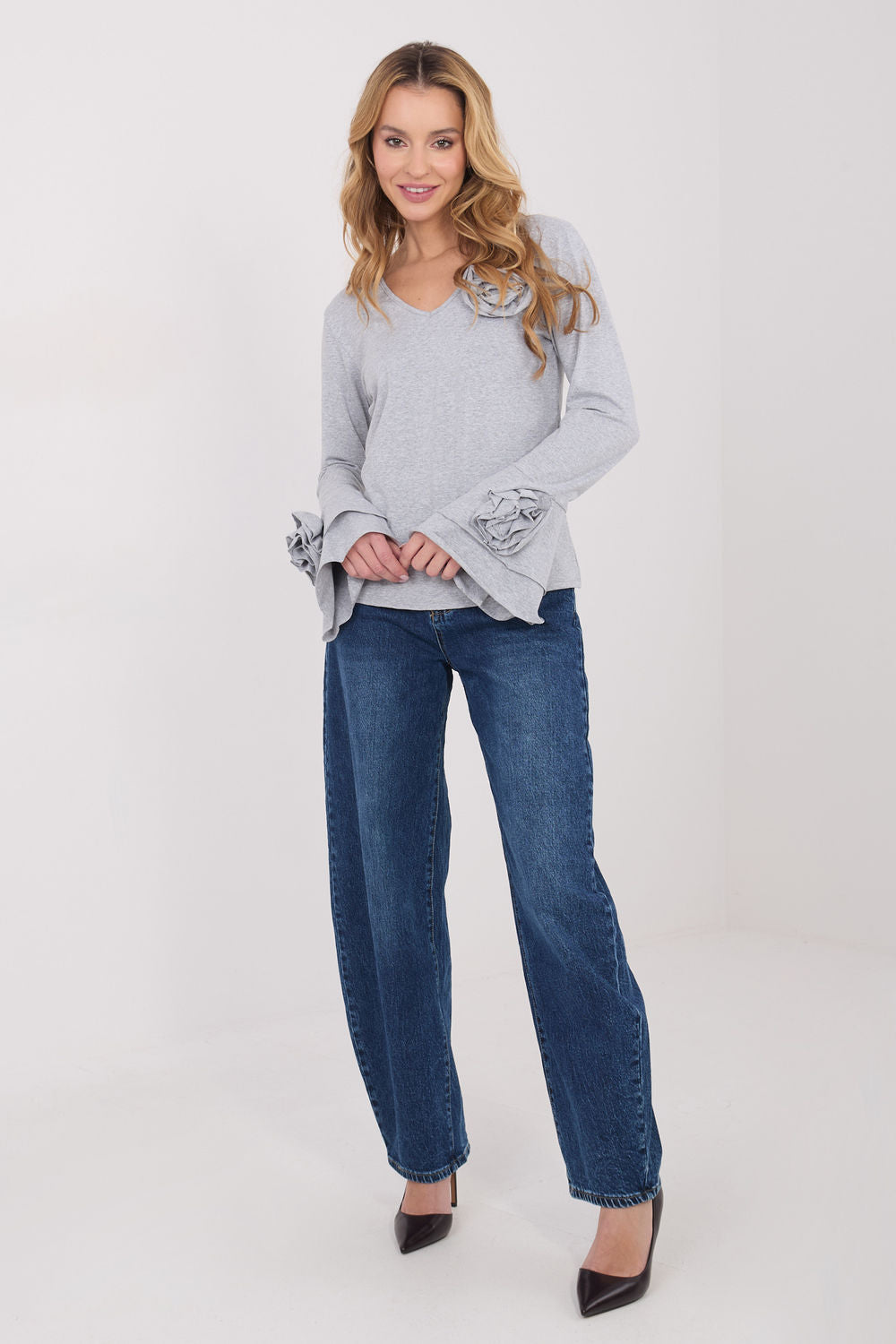 Italy Moda Grey Bodycon V-Neck Blouse - view 2