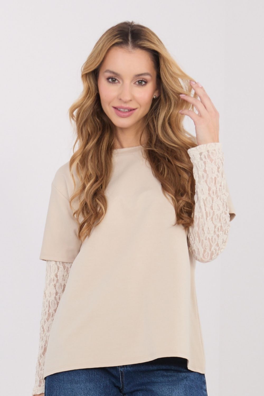Italy Moda Beige Lace Cotton Blouse - view 4