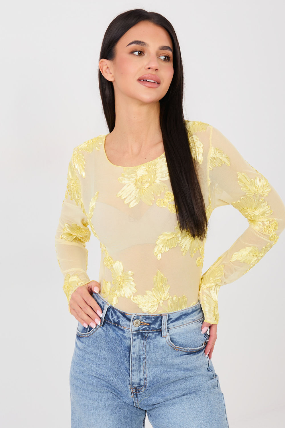 Italy Moda Light Yellow Mesh Bodycon Blouse