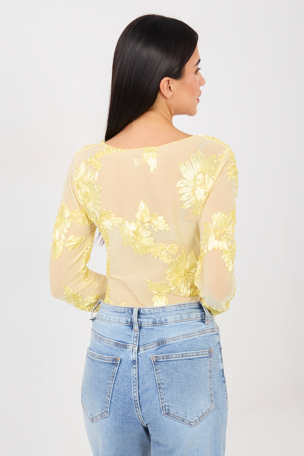 Italy Moda Light Yellow Mesh Bodycon Blouse - view 3