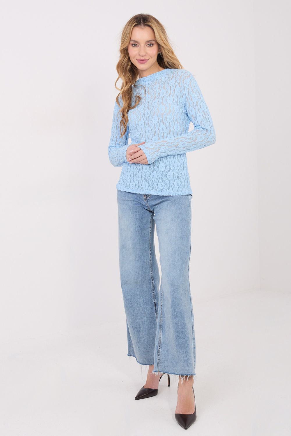 Italy Moda Light Blue Lace Long Sleeve Blouse - view 2