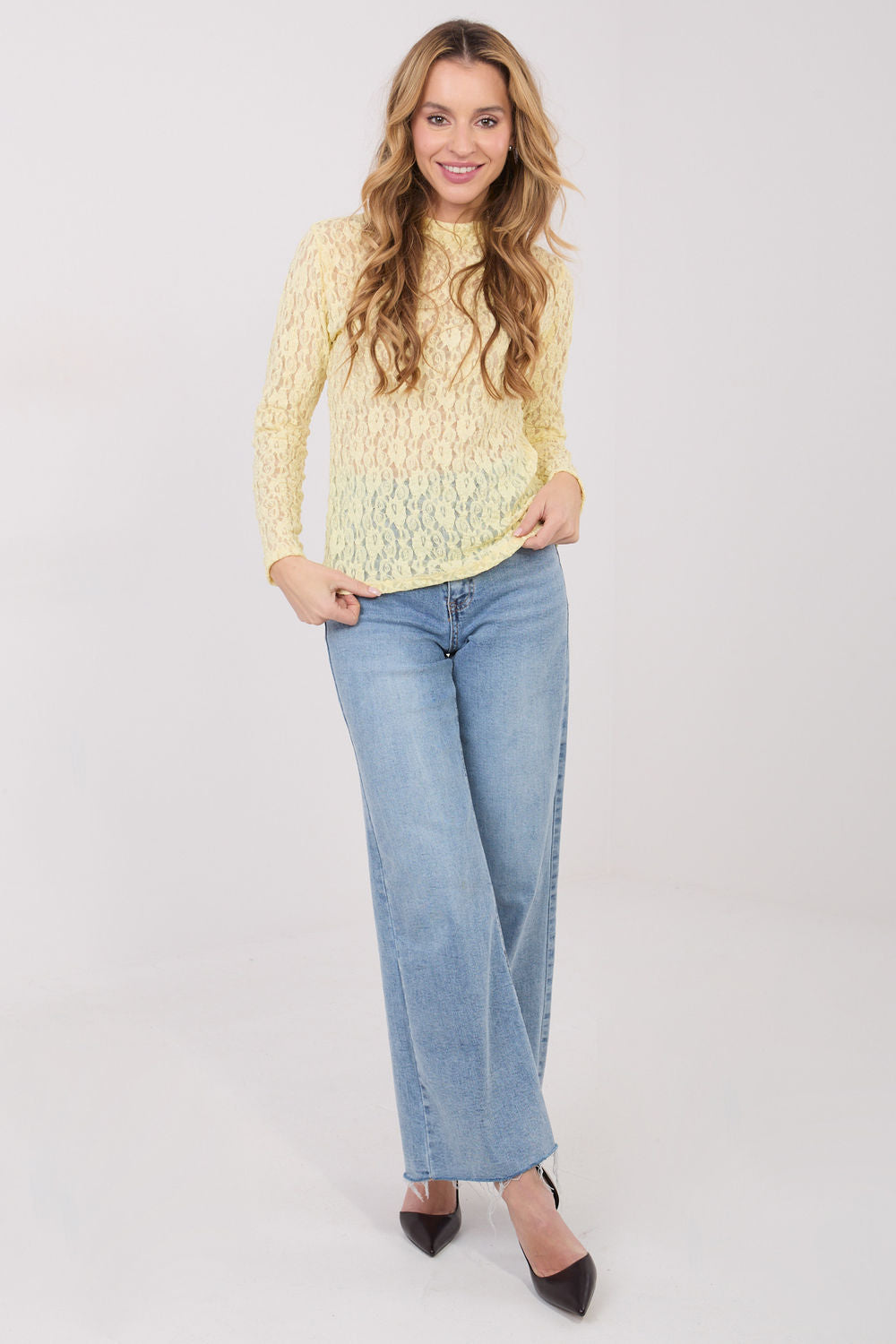 Italy Moda Light Yellow Lace Long Sleeve Blouse - view 2