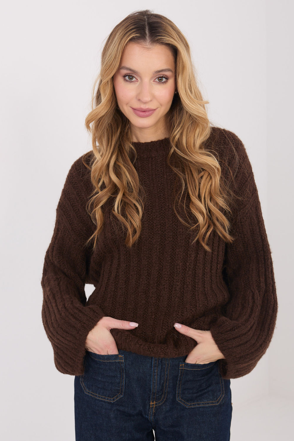 Italy Moda Brown Round Neck Puff Sleeve Jumper