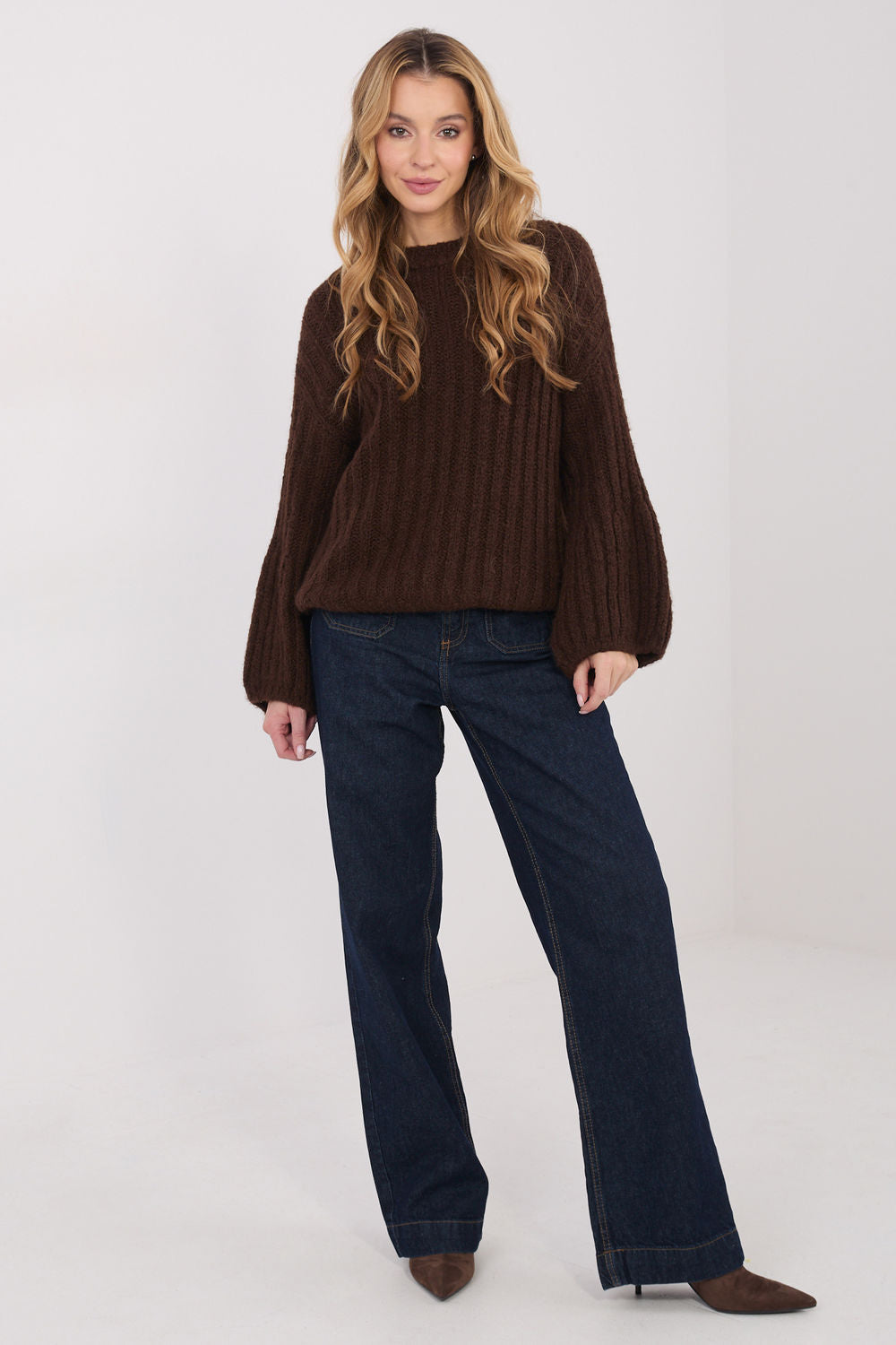 Italy Moda Brown Round Neck Puff Sleeve Jumper - view 2