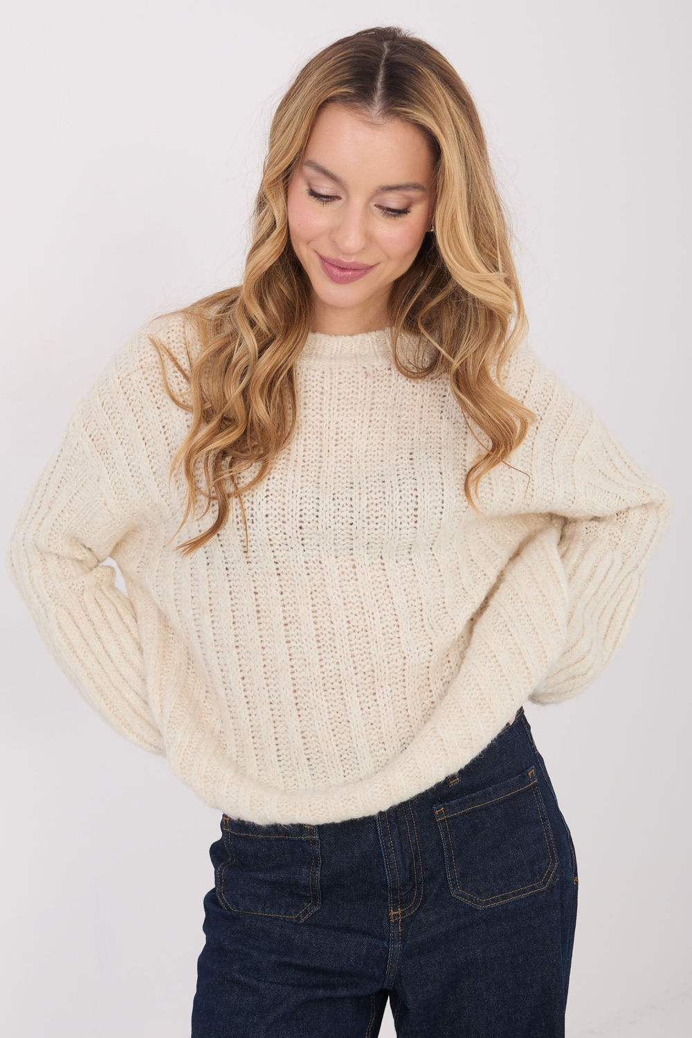 Italy Moda Light Beige Knitted Puff Sleeve Jumper
