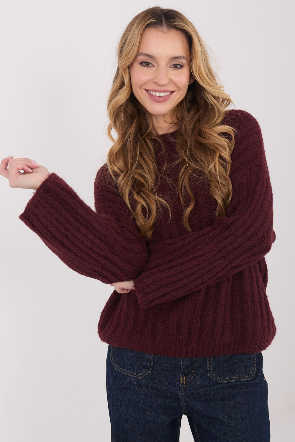 Italy Moda Burgundy Knitted Puff Sleeve Jumper