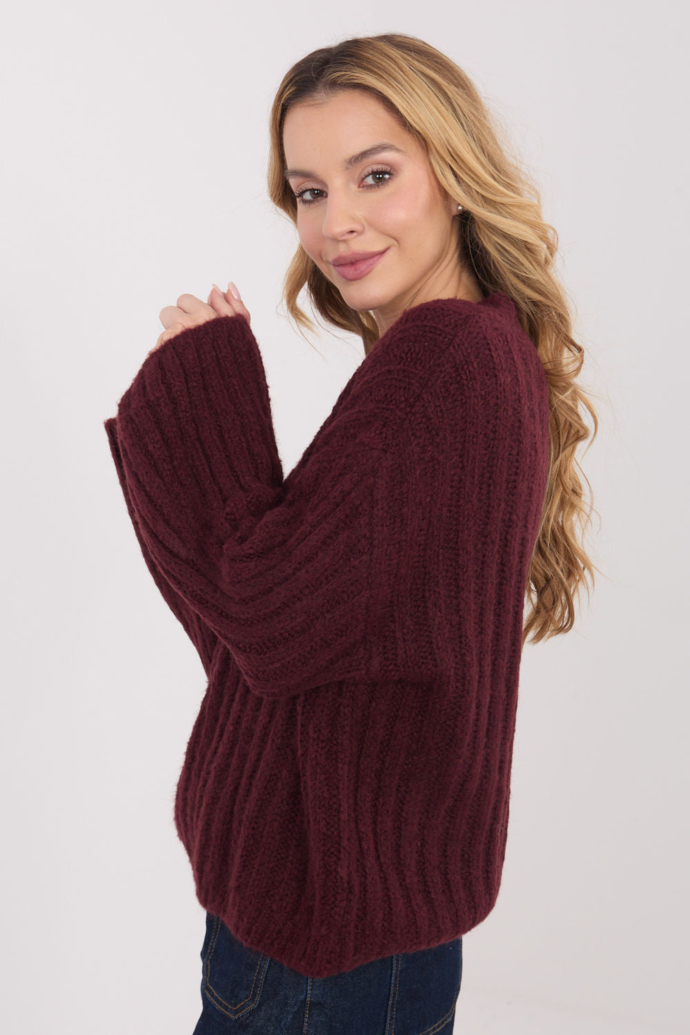 Italy Moda Burgundy Knitted Puff Sleeve Jumper - view 4