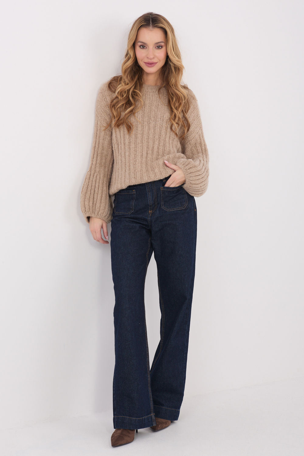 Italy Moda Dark Beige Knitted Puff Sleeve Jumper - view 2