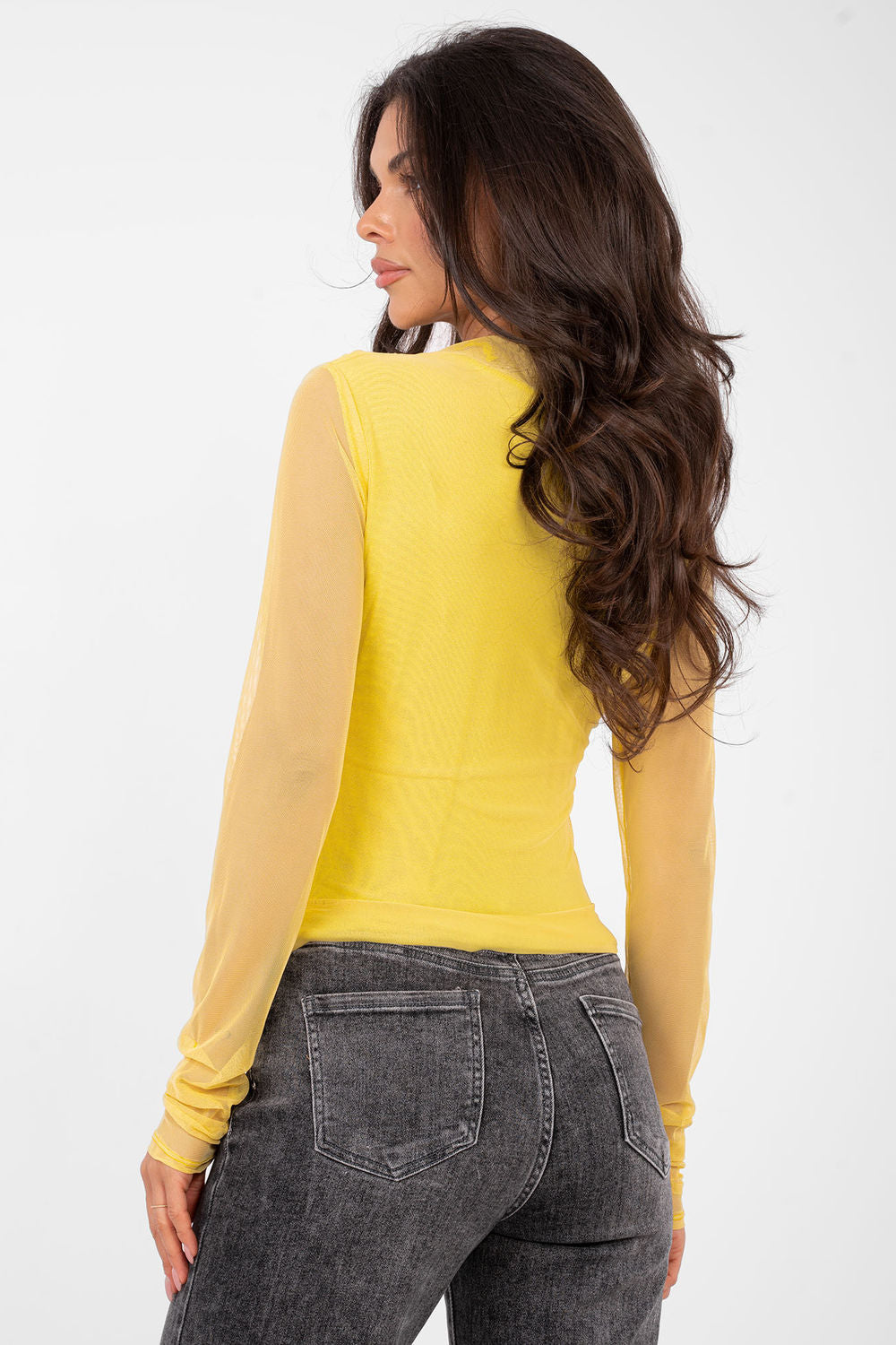 Italy Moda Yellow Mesh Bodycon High Waisted Blouse - view 3